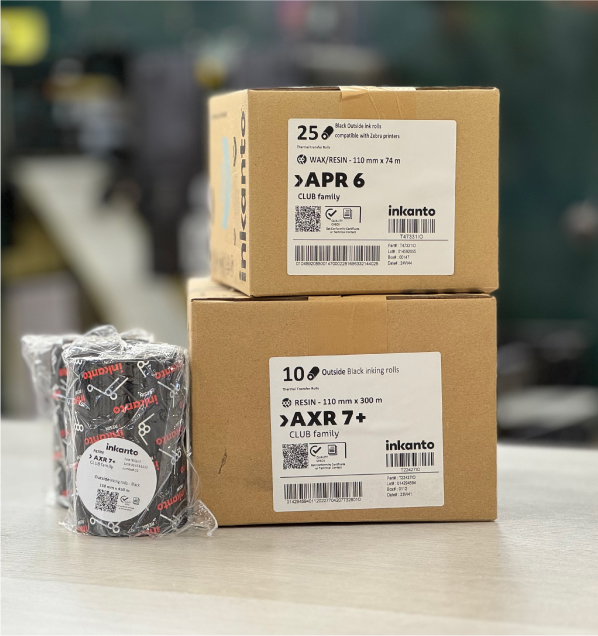 Close-up of a thermal transfer ribbon and printer