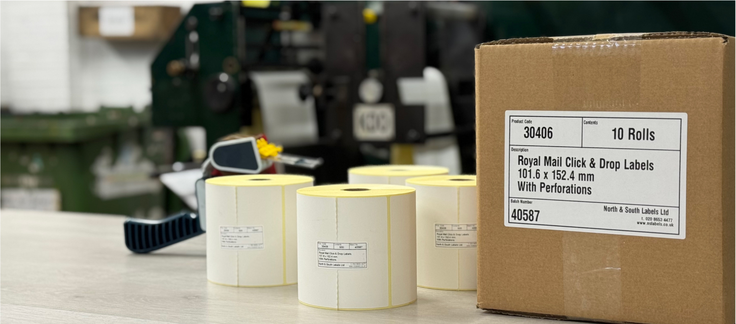 Royal Mail compatible thermal shipping labels being printed on a desktop direct thermal printer